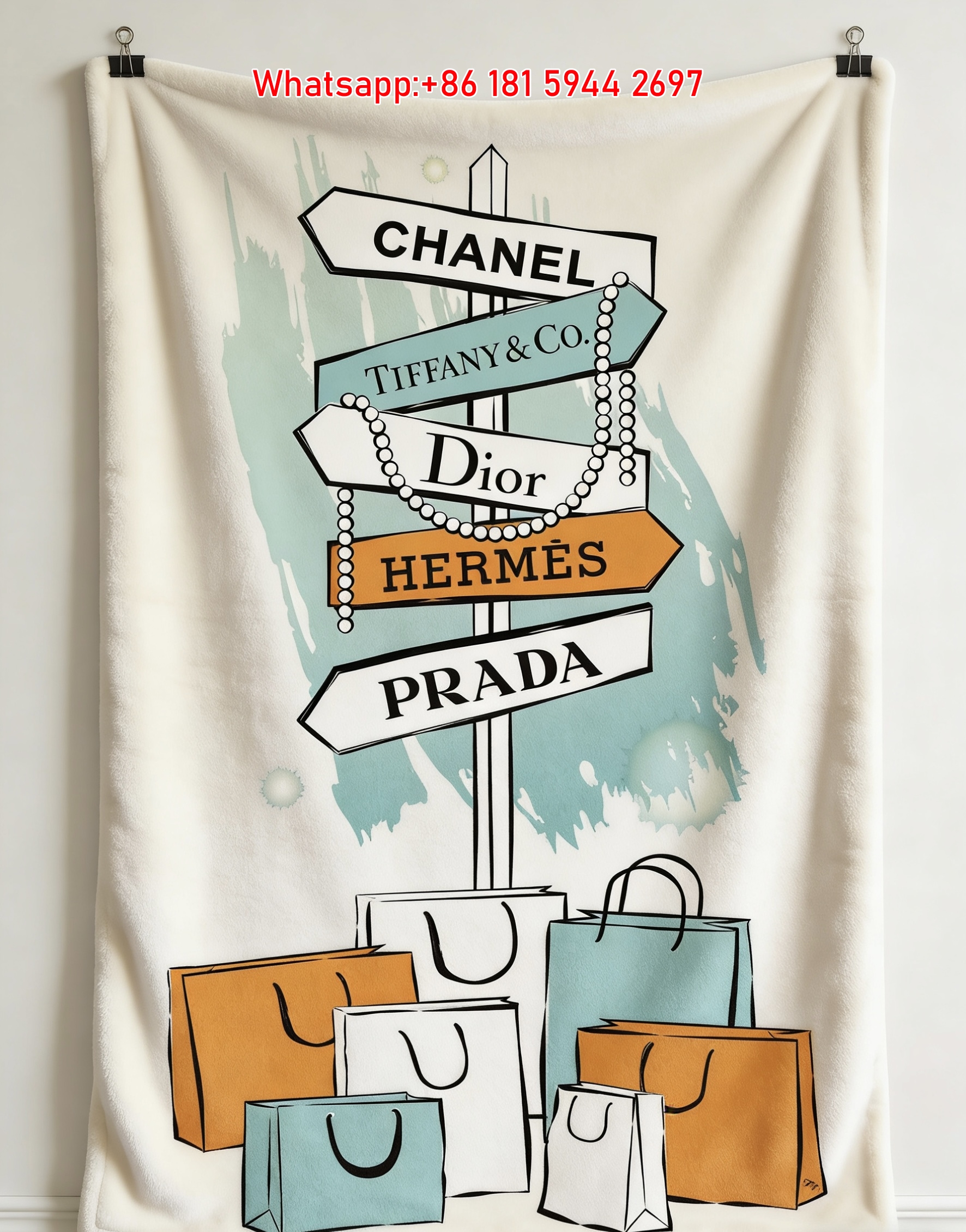 Chanel Luxury Fashion Street Sign Shopping Bags Flannel Sofa Throw Blanket IMG_6758